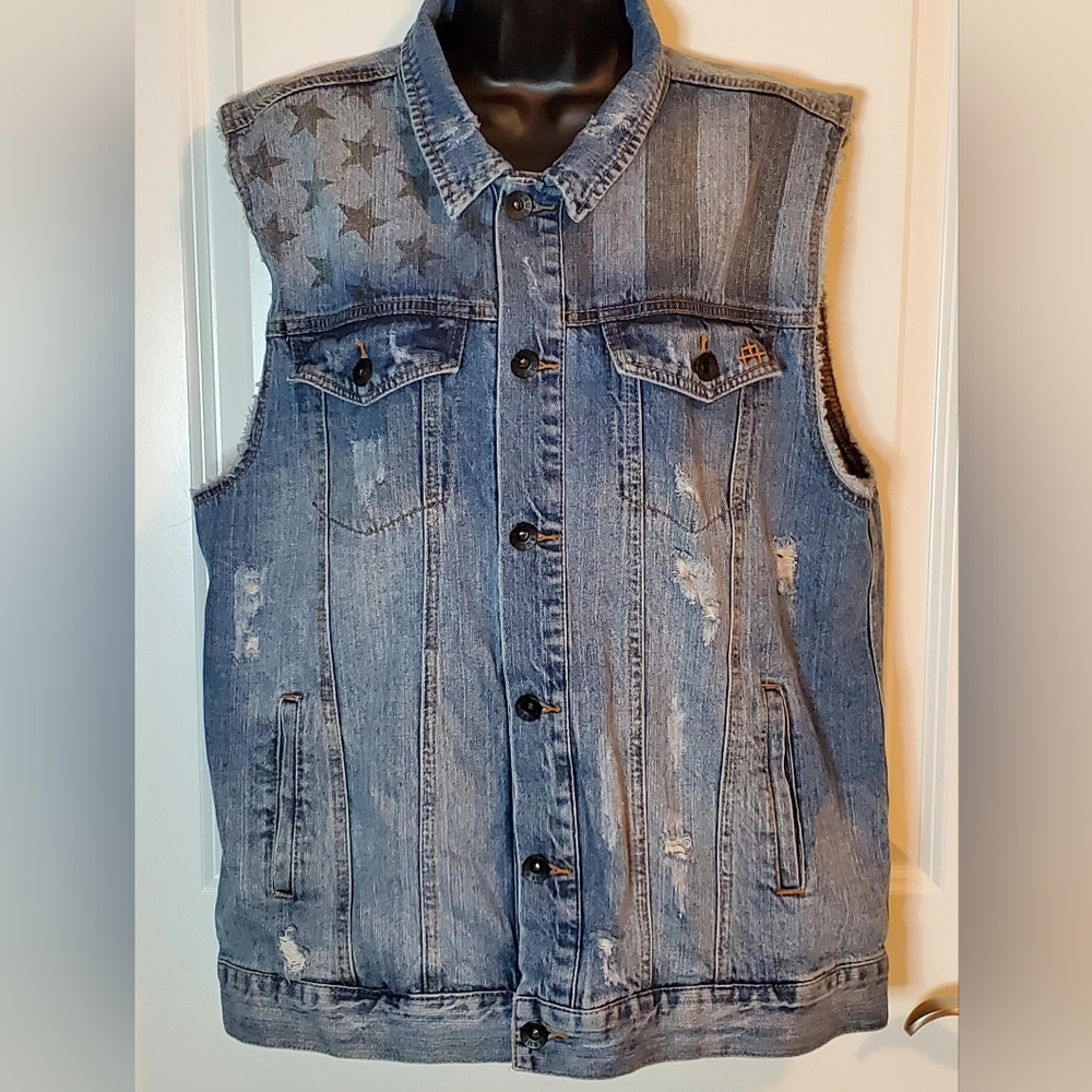 RUDE Mens Distressed Denim Flag Vest Size Extra Large